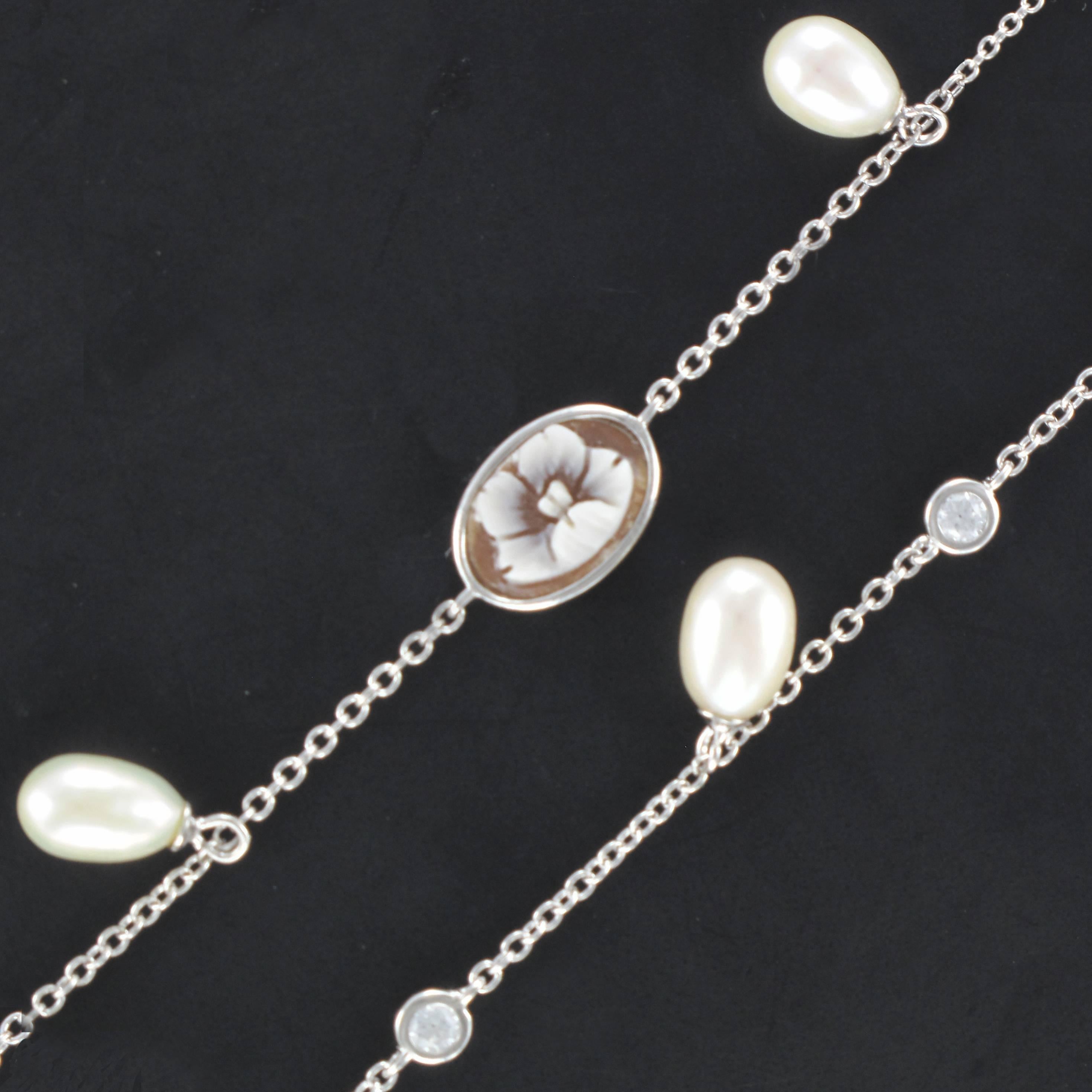 Women's Italian White Vermeil Cultured Pearls Crystals Cameo Long Necklace