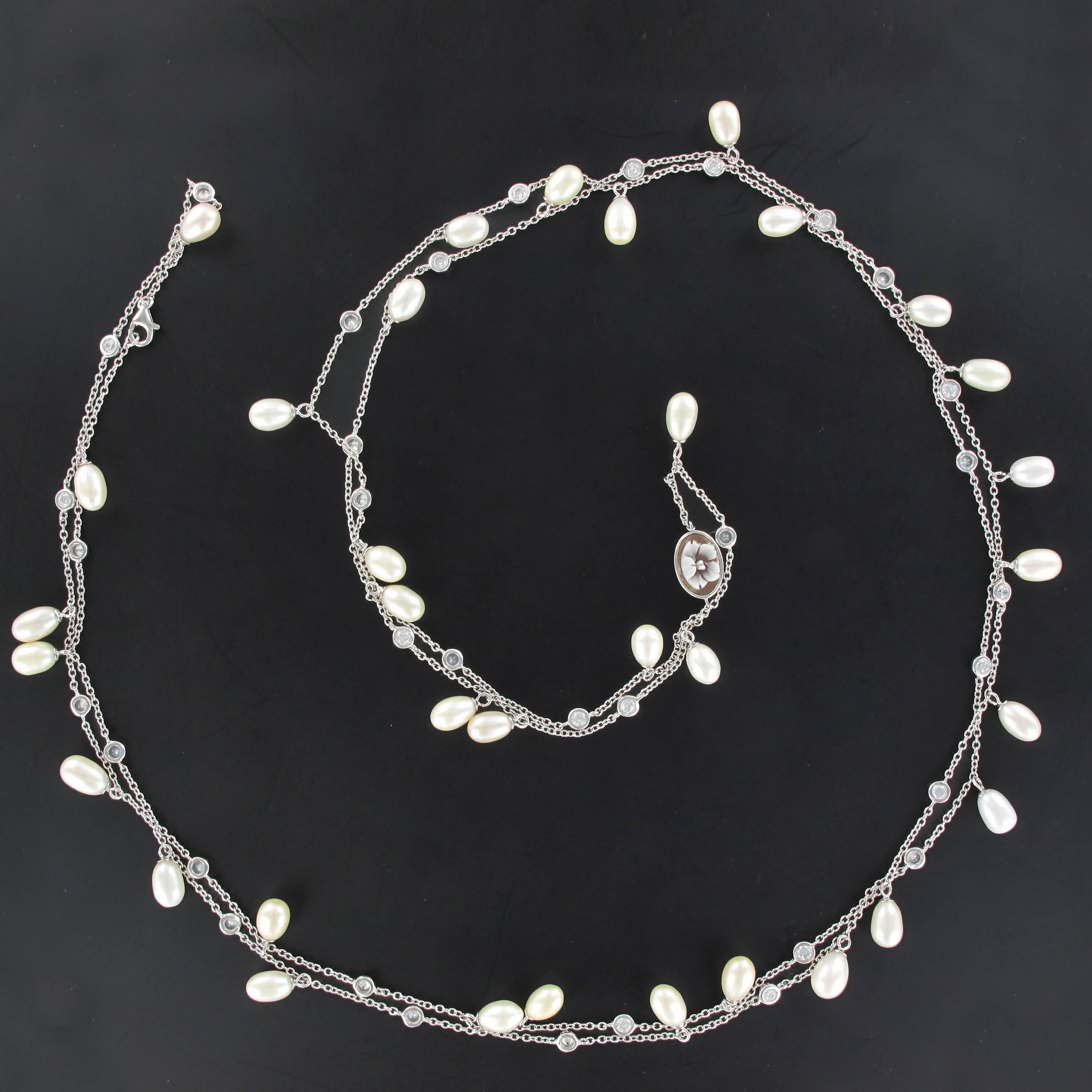 Modern Italian White Vermeil Cultured Pearls Crystals Cameo Long Necklace