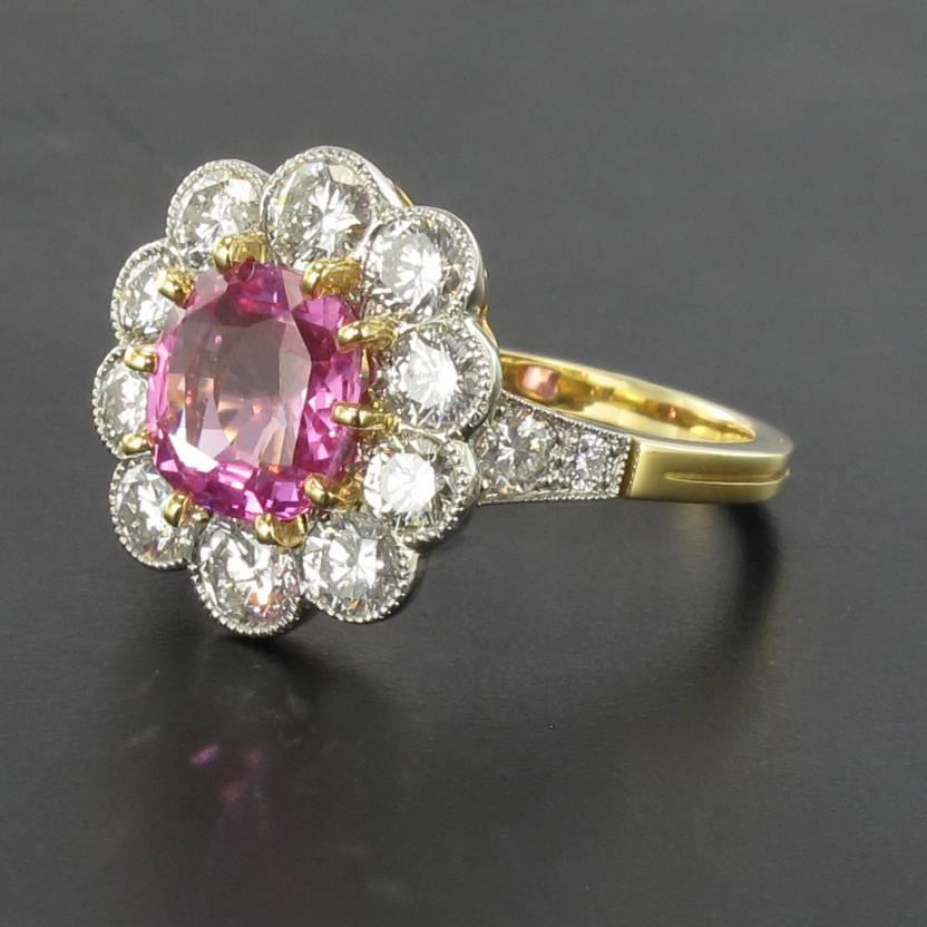 Classical Roman French 2.25 Carat Pink Sapphire 1.77 Carat Diamond Platinum Gold Cluster Ring