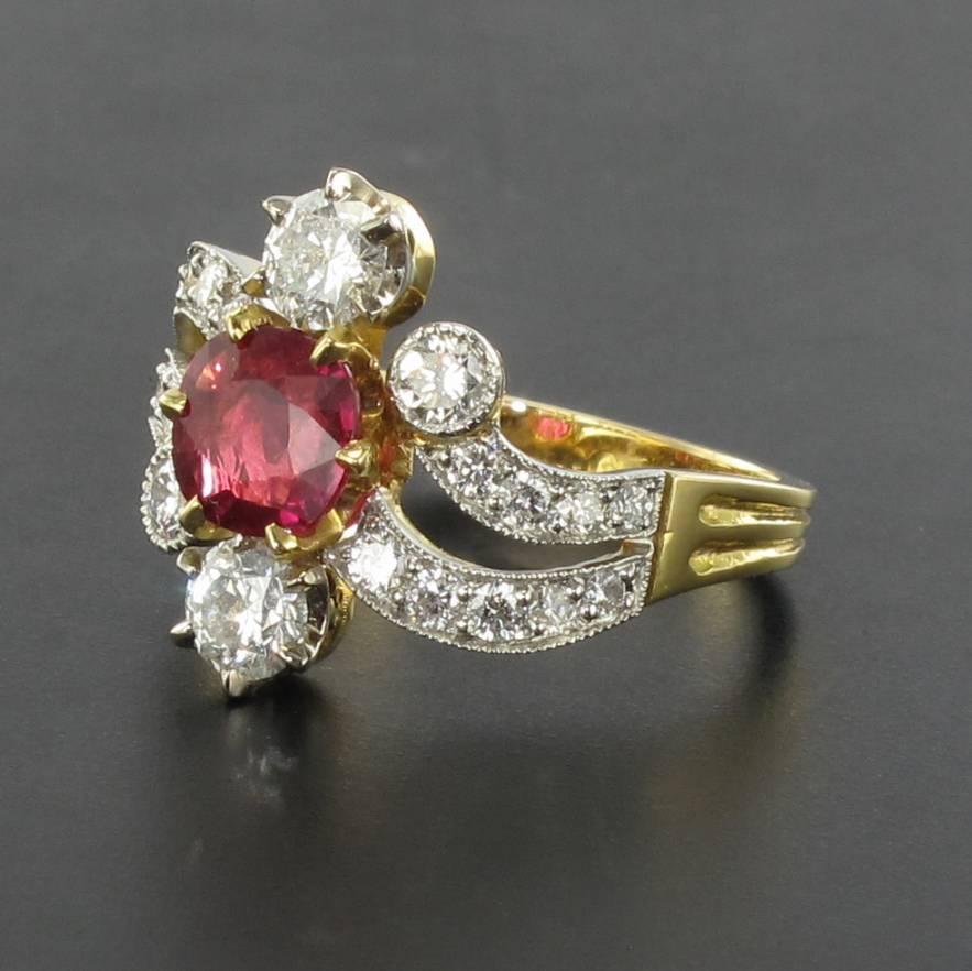 Women's French 19th Century Style 1.09 Carat Cushion Cut Ruby Diamond Ring