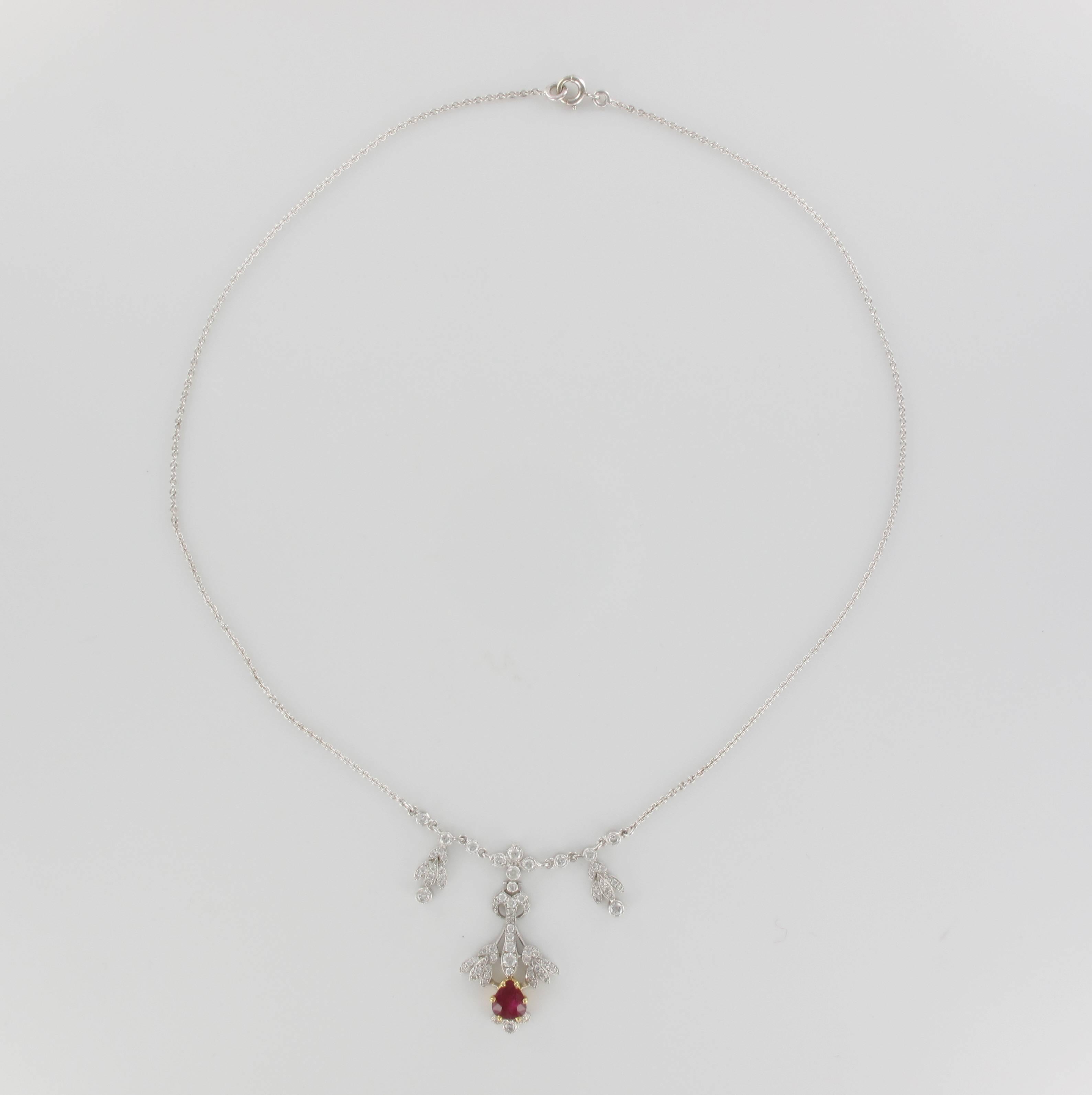 Belle Époque Belle Epoque Style Platinum 1.16 Carat Ruby 1.06 Carat Diamond Pendant Necklace For Sale