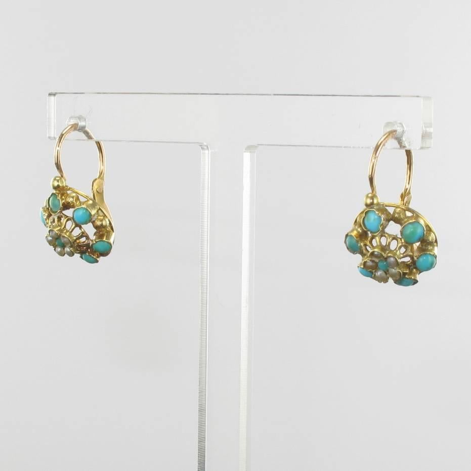 French Napoleon Three Turquoise Natural Pearl Drop Earrings In Good Condition In Poitiers, FR