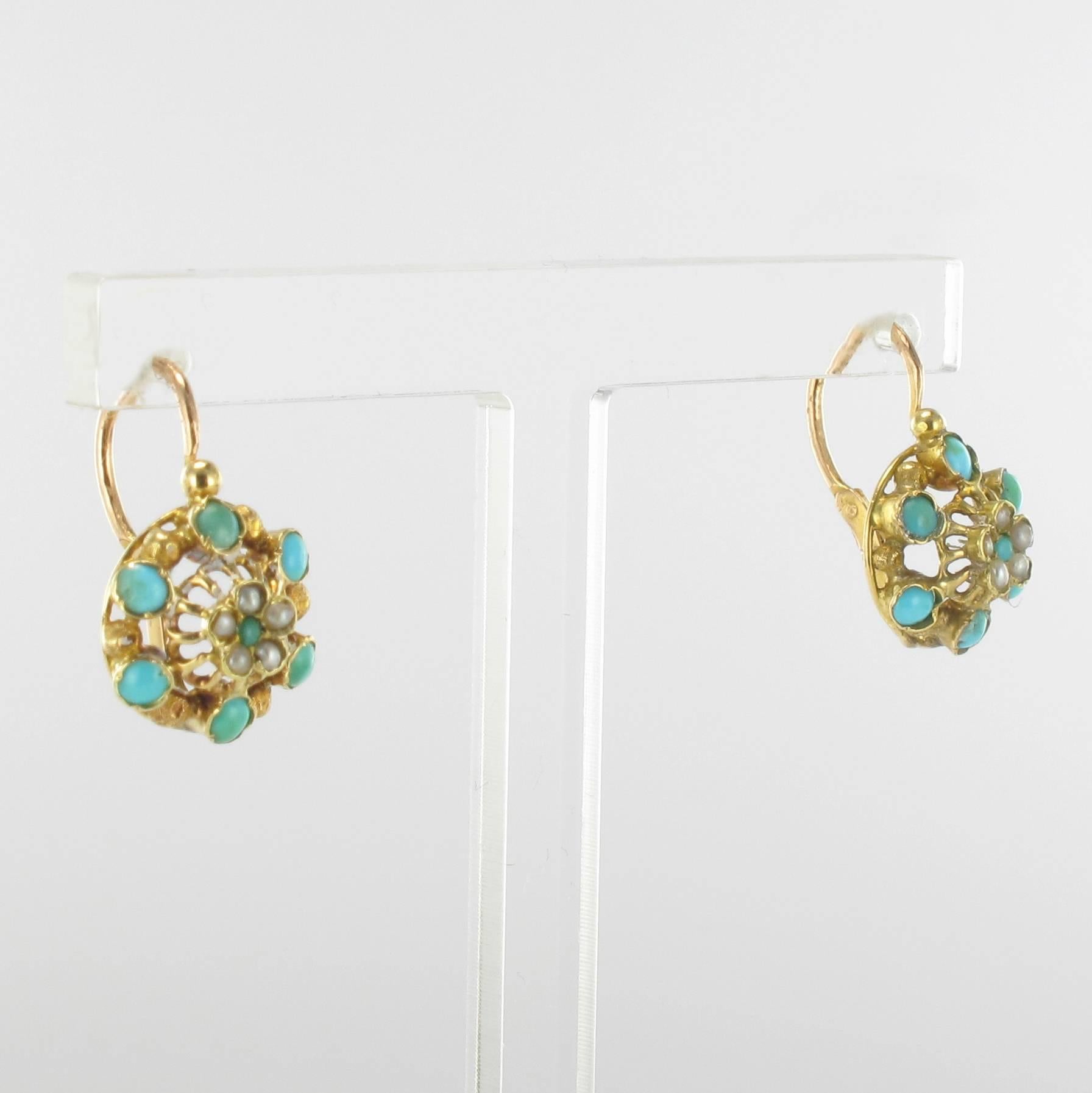 Napoleon III French Napoleon Three Turquoise Natural Pearl Drop Earrings