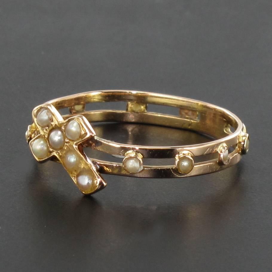 Napoleon III French Antique 18 Karat Rose Gold Natural Pearl Dizain Prayer Ring