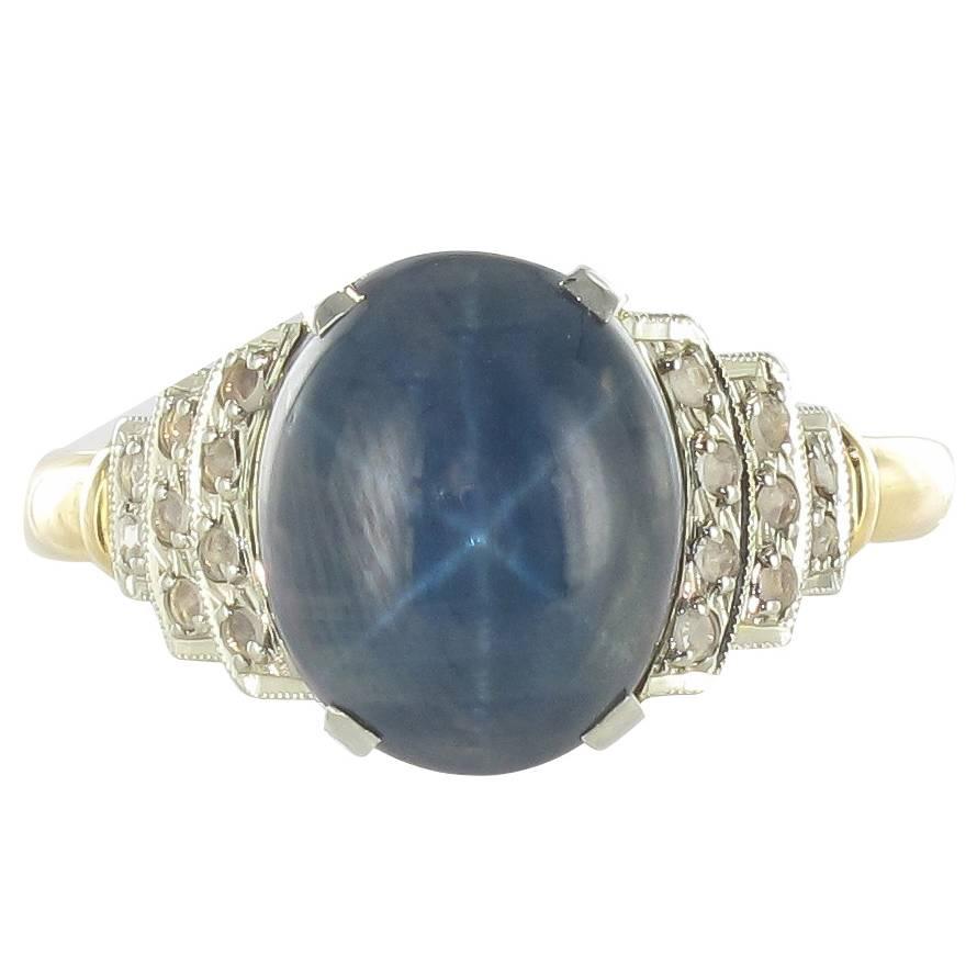 French Art Deco Star Sapphire and Diamond Ring