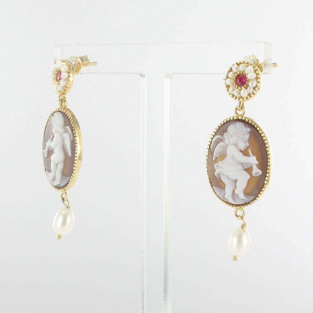 Italian Shell Cameo Pearl Vermeil Dangle Earrings In New Condition In Poitiers, FR