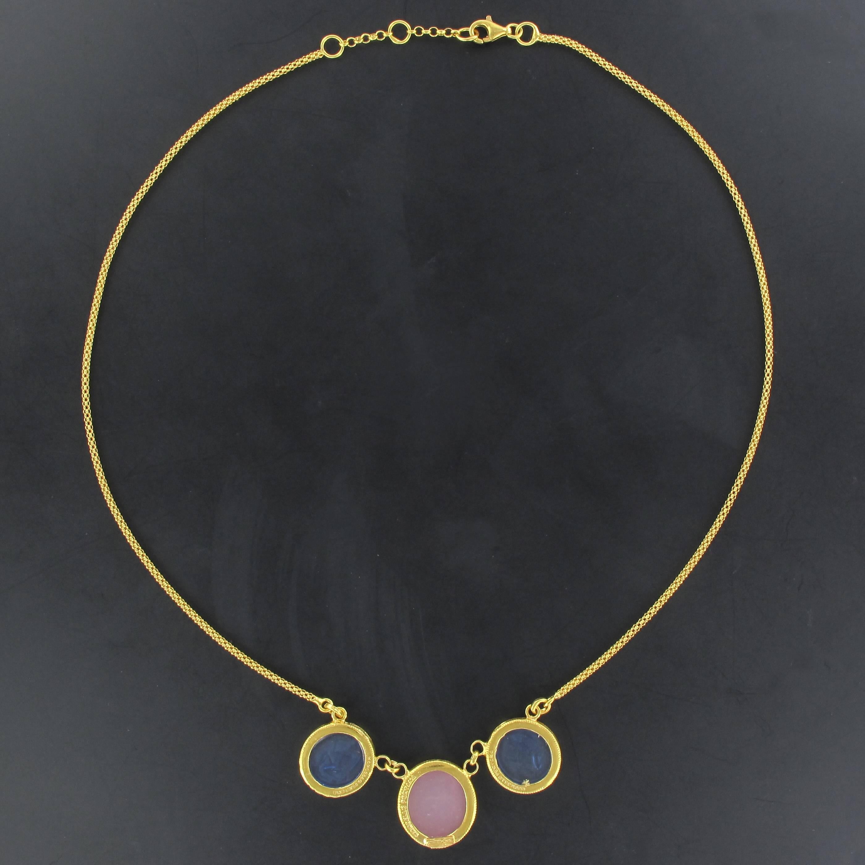 Women's Italian Antique Spirit Three Intaglio Yellow Vermeil Necklace