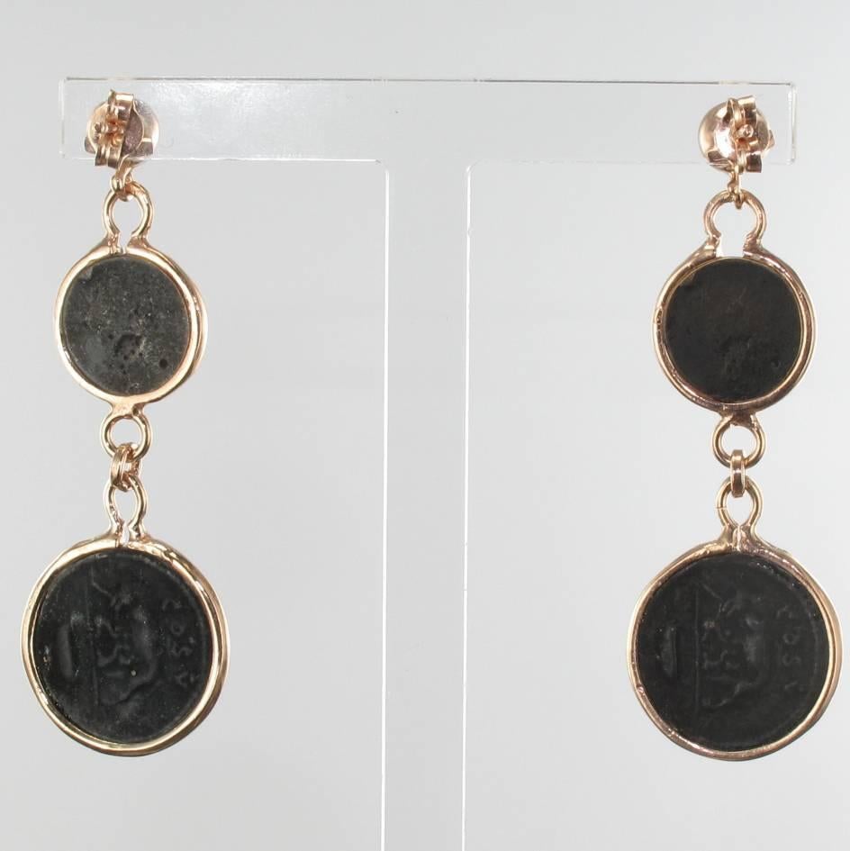Italian Coins Rose Vermeil Long Dangle Earrings In New Condition In Poitiers, FR