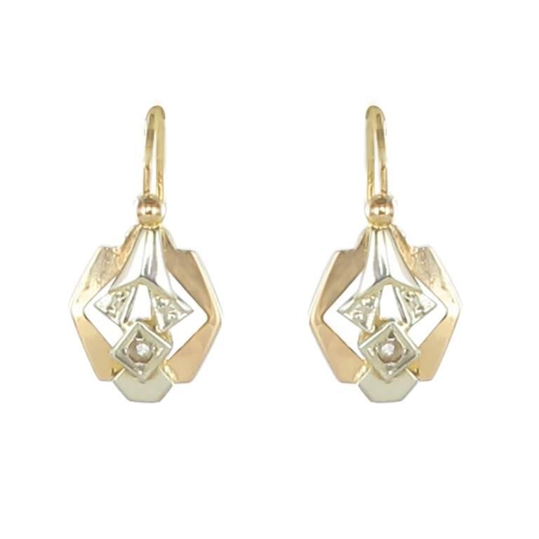 French 1930s Art Deco Rose and White Gold Diamond Earrings