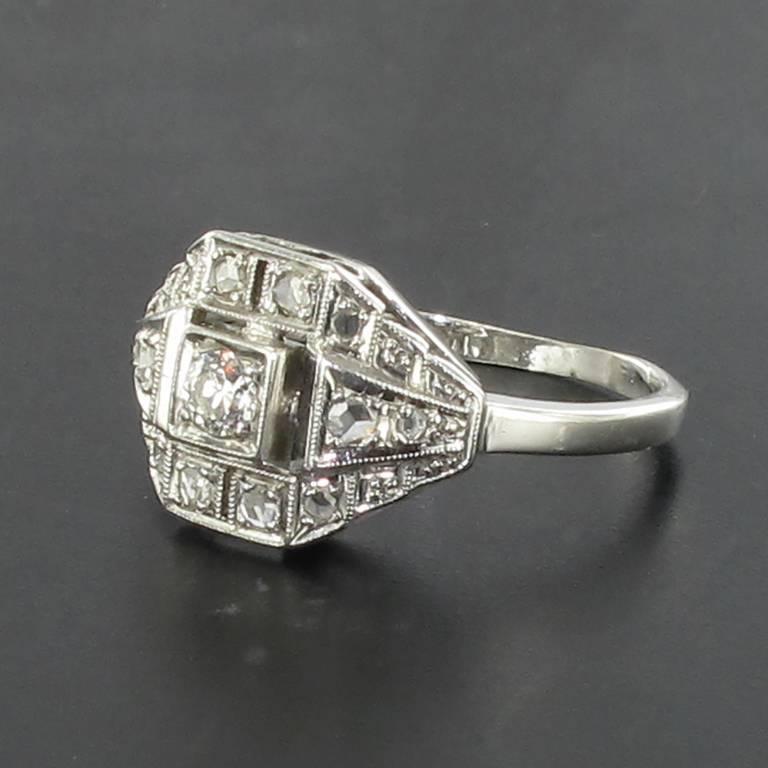 Women's French 1930s Art Deco Platinum White Gold Diamond Ring