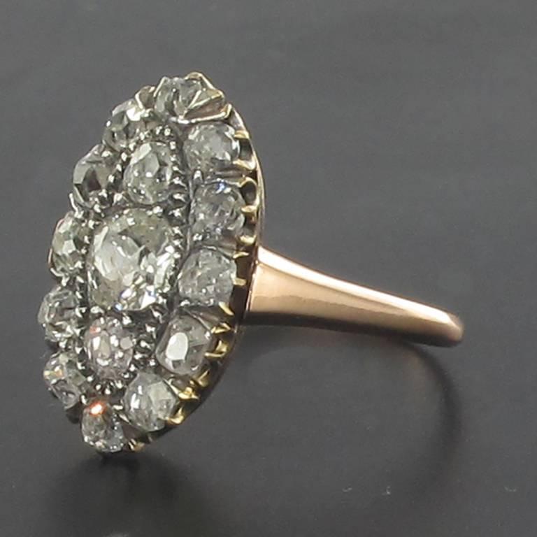 Cushion Cut 1850s 1 Carat Diamond 18 Karat Rose Gold Marquise Engagement Ring