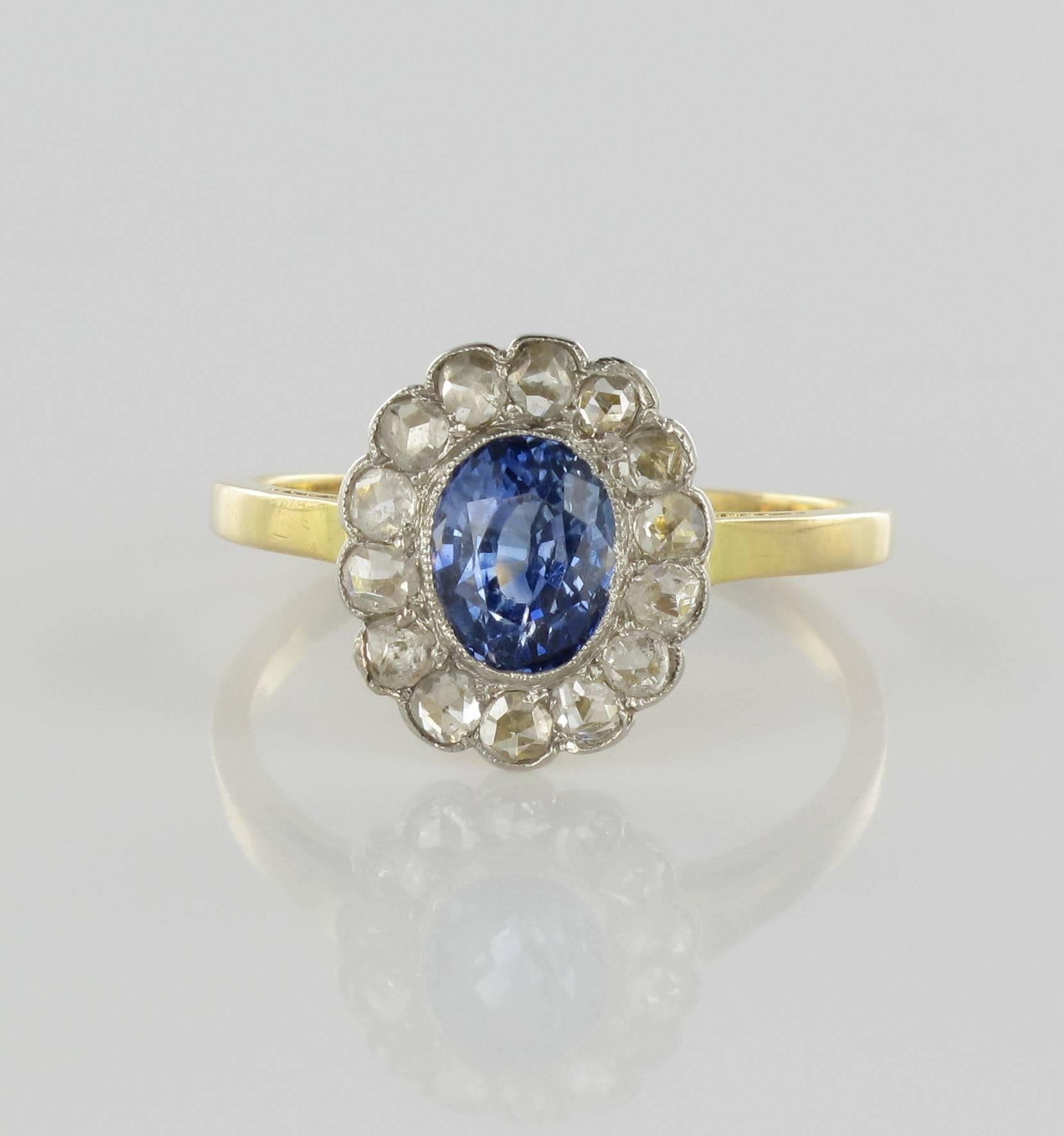 French 19th Century Sapphire Diamonds Cluster Ring In New Condition In Poitiers, FR