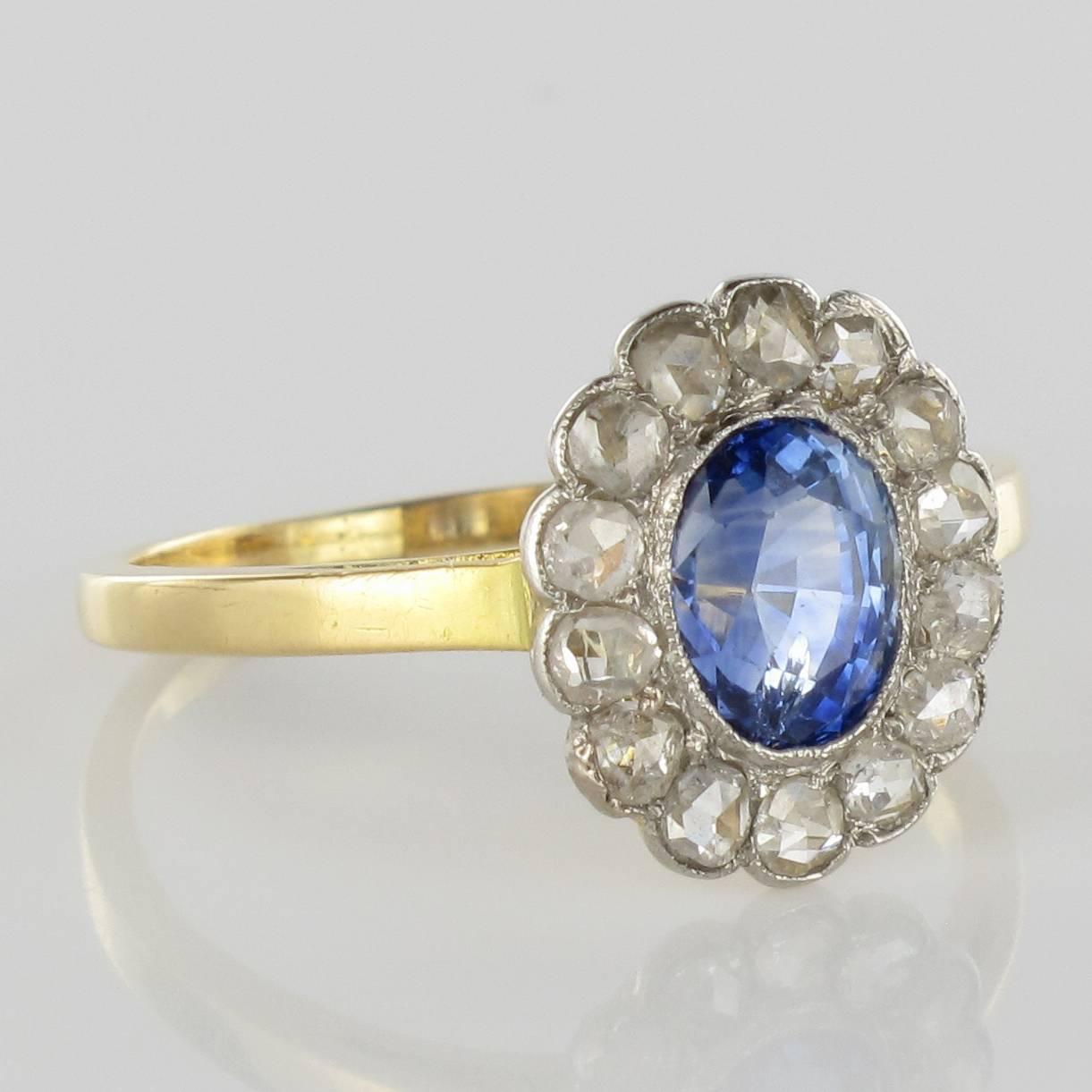 Oval Cut French 19th Century Sapphire Diamonds Cluster Ring