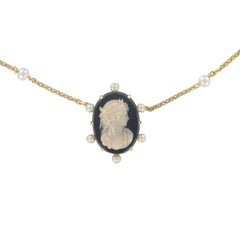 French Napoleon 3 19th Century Onyx Cameo Pearl Necklace