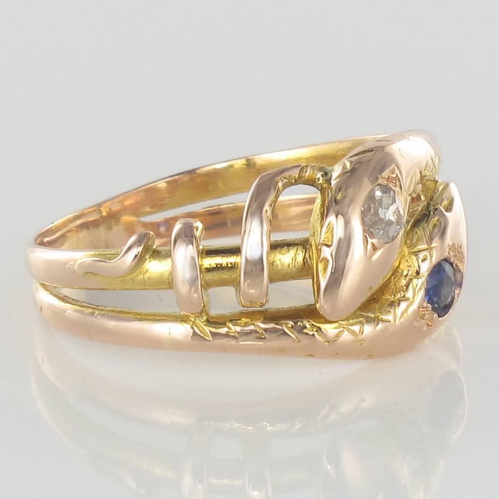 Napoleon III 19th Century 18 Karats Yellow Gold Sapphire Diamond Snake Ring