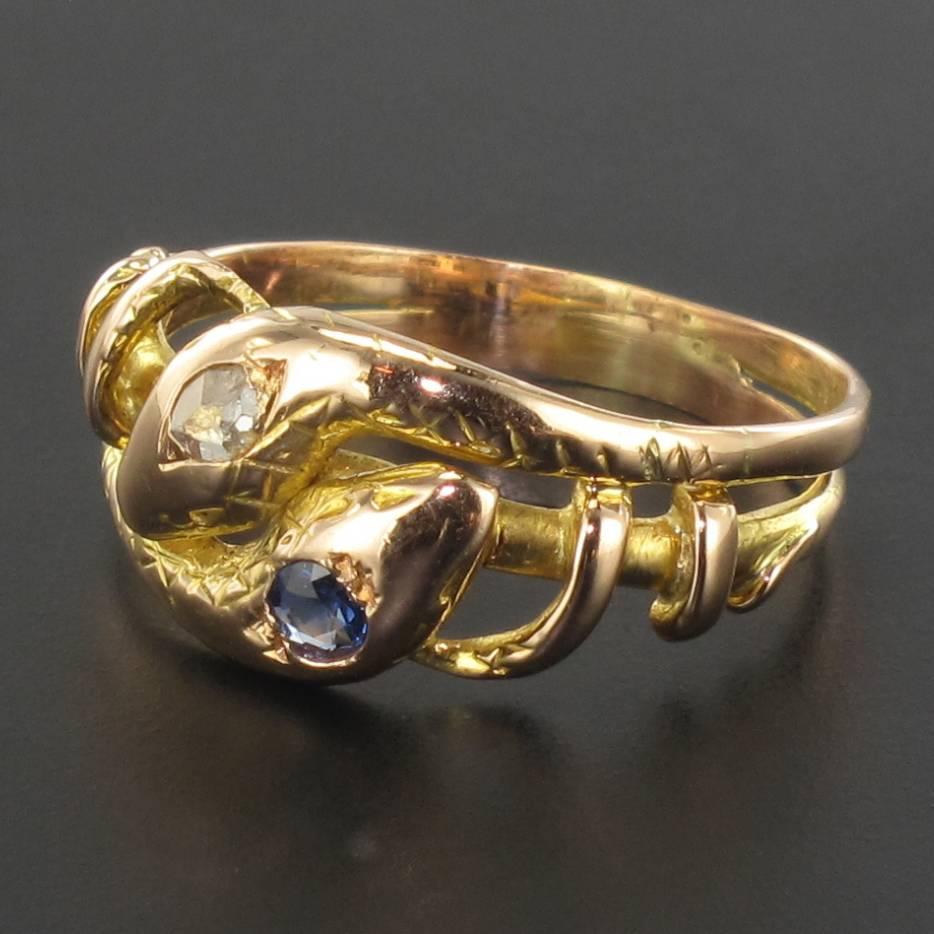 19th Century 18 Karats Yellow Gold Sapphire Diamond Snake Ring In New Condition In Poitiers, FR