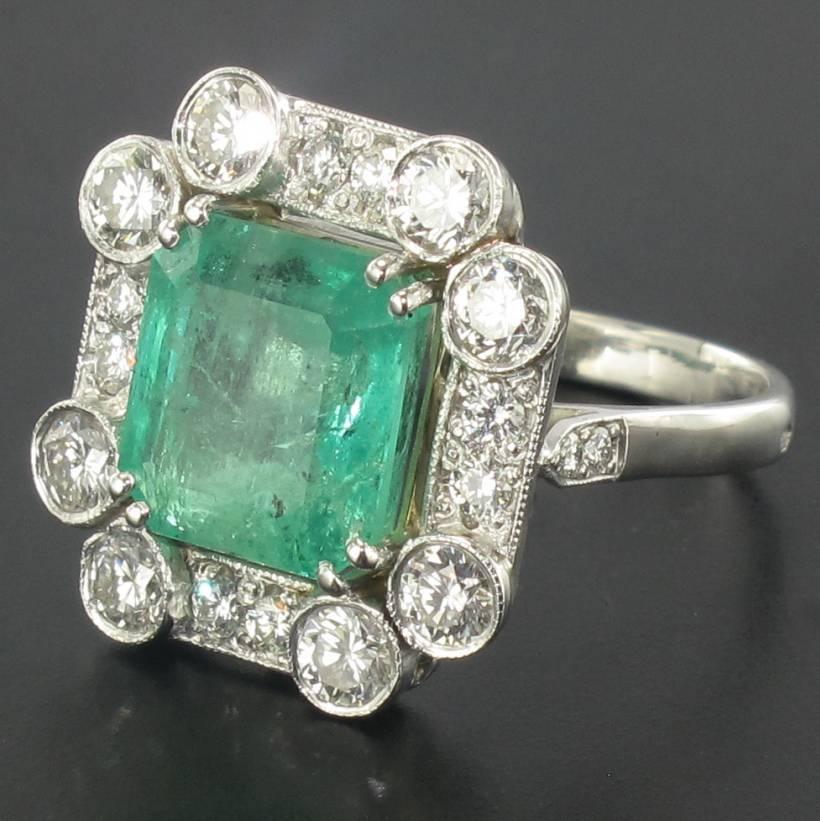 Art Deco Baume  4.23 Carat Emerald Diamond White Gold Ring