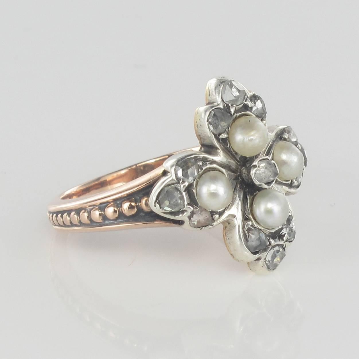 Napoleon III 19th Century Antique Clover Shape Natural Pearl Diamonds Ring