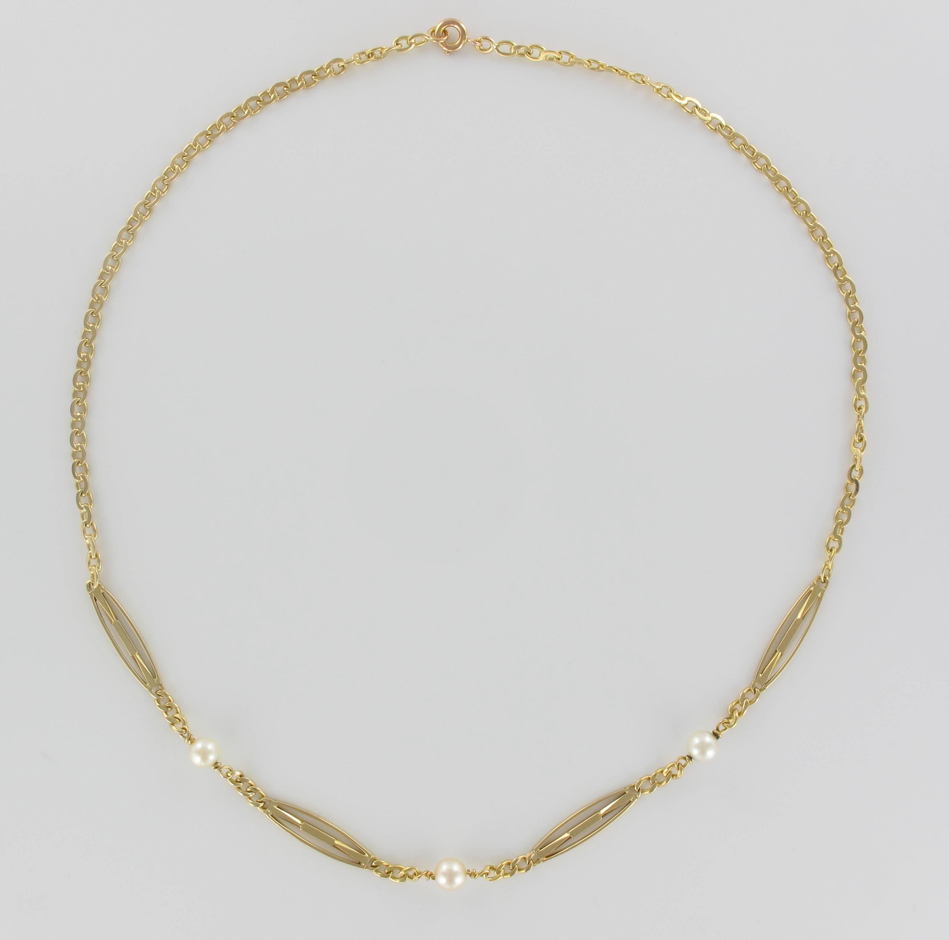1900s 18 Karats Yellow Gold Pearls Chain Necklace In New Condition In Poitiers, FR