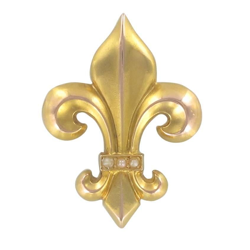  French 19th Century Fleur de Lys Natural Pearl Brooch