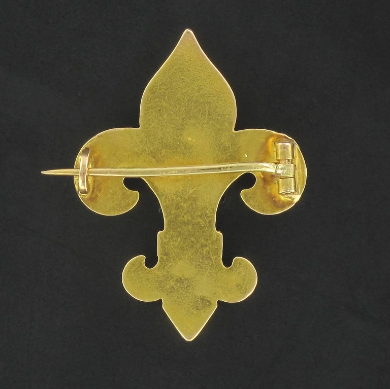 Broche à pendentif ancienne Fleur de lys en laiton émaillé rouge, France - France