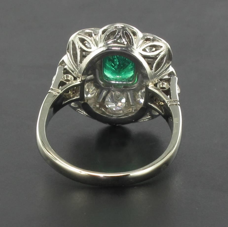 Emerald Cut French Retro 1960s Emerald Diamond White Gold Cluster Ring 