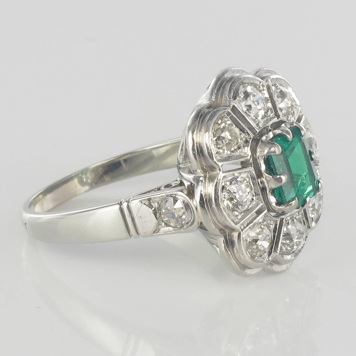 Art Deco French Retro 1960s Emerald Diamond White Gold Cluster Ring 