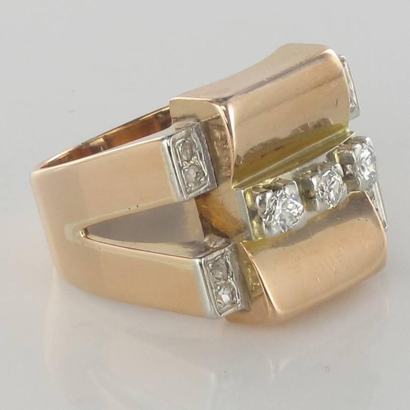 1950's Geometric Retro 18 Karat Gold Diamond Signet Ring In Good Condition In Poitiers, FR