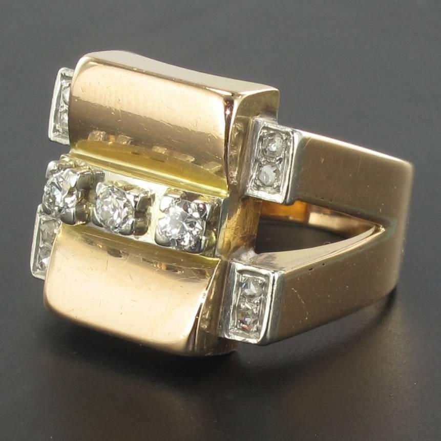 1950's Geometric Retro 18 Karat Gold Diamond Signet Ring 1