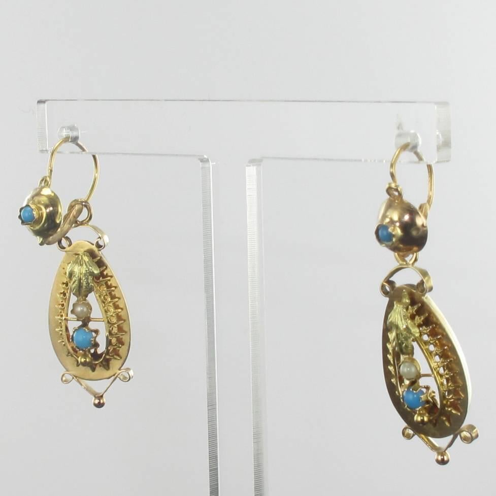 French Napoleon III Turquoise and Natural Pearl Dangle Earrings 1
