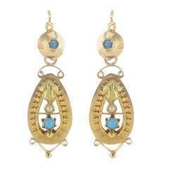 French Napoleon III Turquoise and Natural Pearl Dangle Earrings