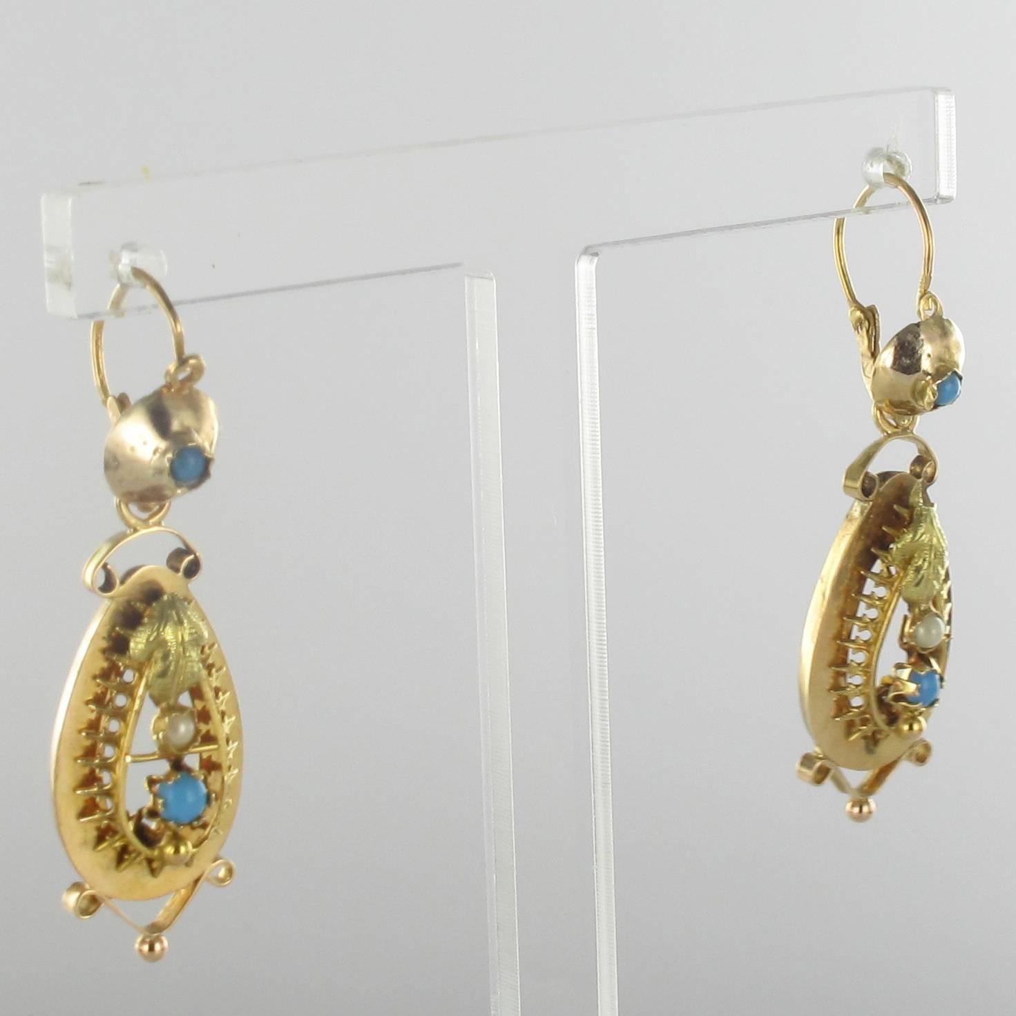 French Napoleon III Turquoise and Natural Pearl Dangle Earrings 2