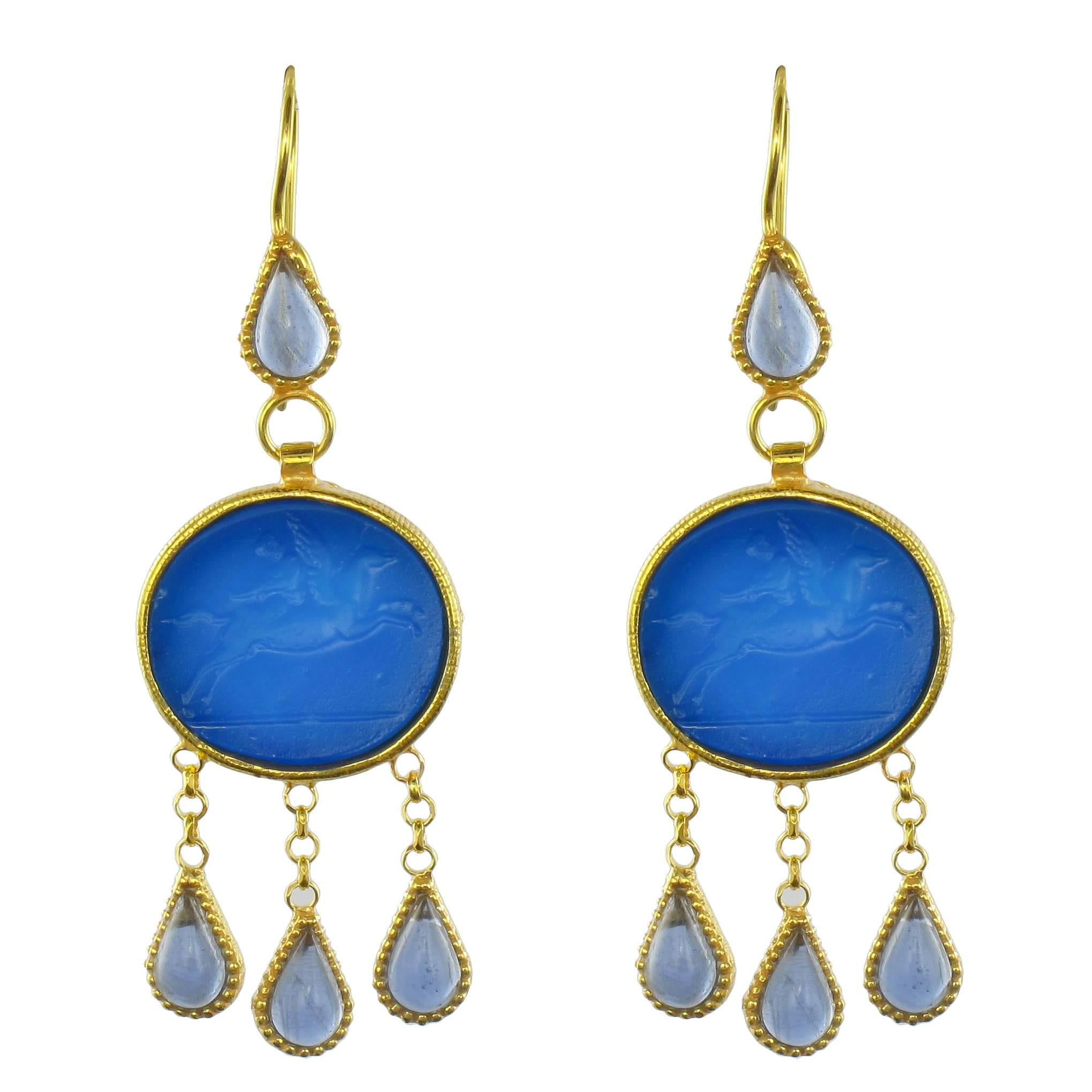 Italian Crystal Blue Intaglio Vermeil Pendant Earrings