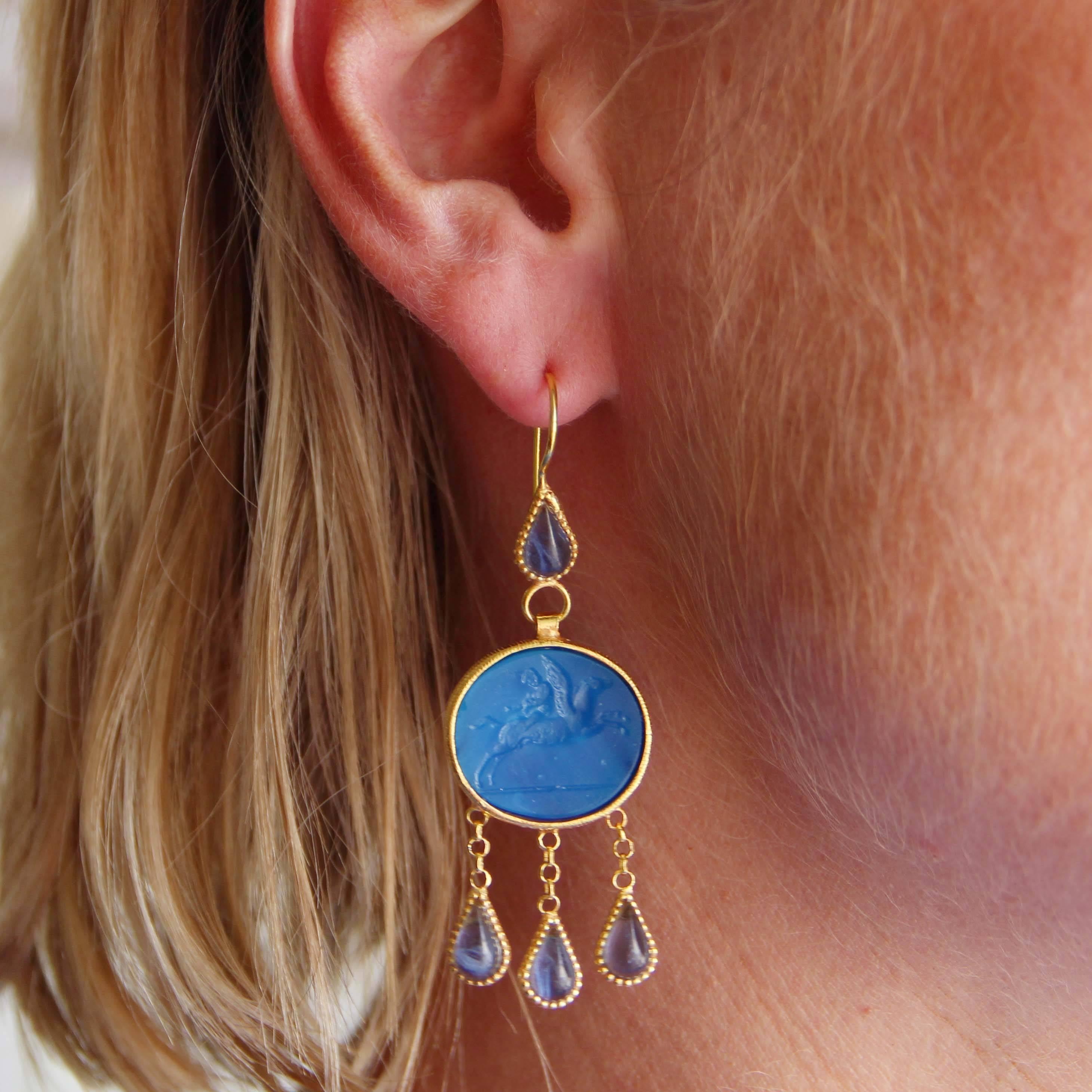 Greek Revival Italian Crystal Blue Intaglio Vermeil Pendant Earrings