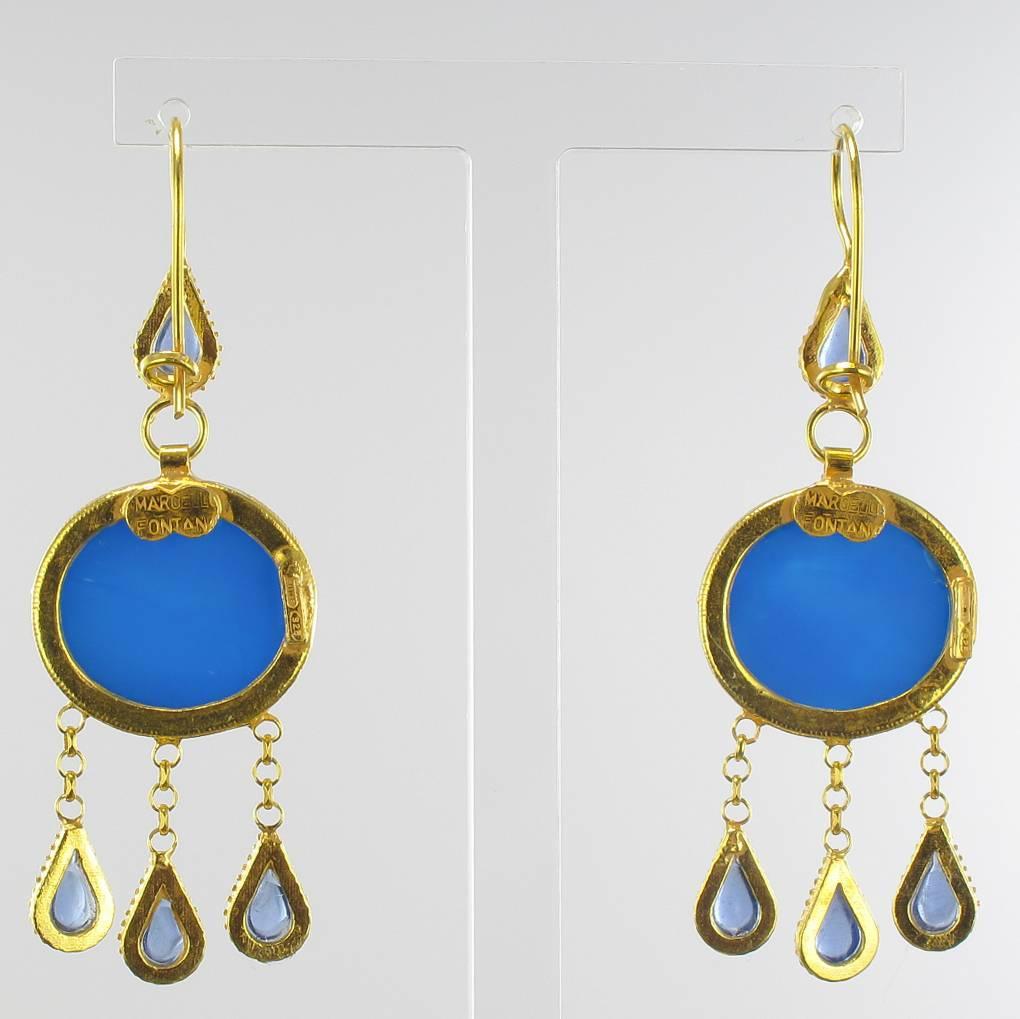 Italian Crystal Blue Intaglio Vermeil Pendant Earrings In New Condition In Poitiers, FR