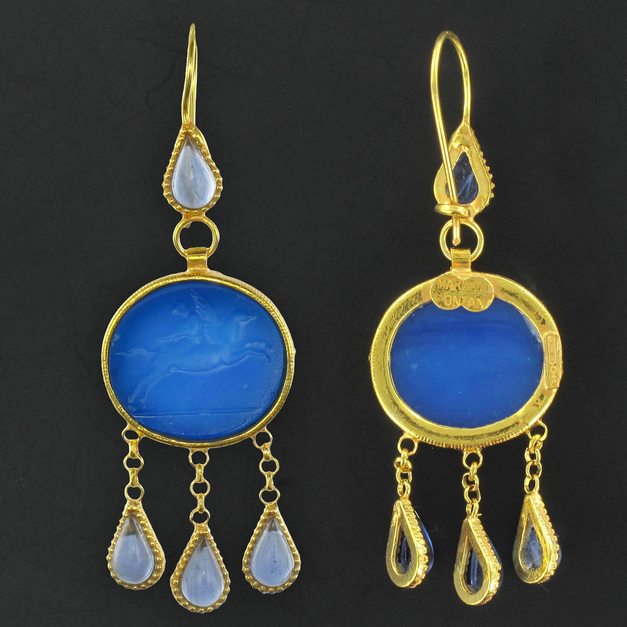 Women's Italian Crystal Blue Intaglio Vermeil Pendant Earrings