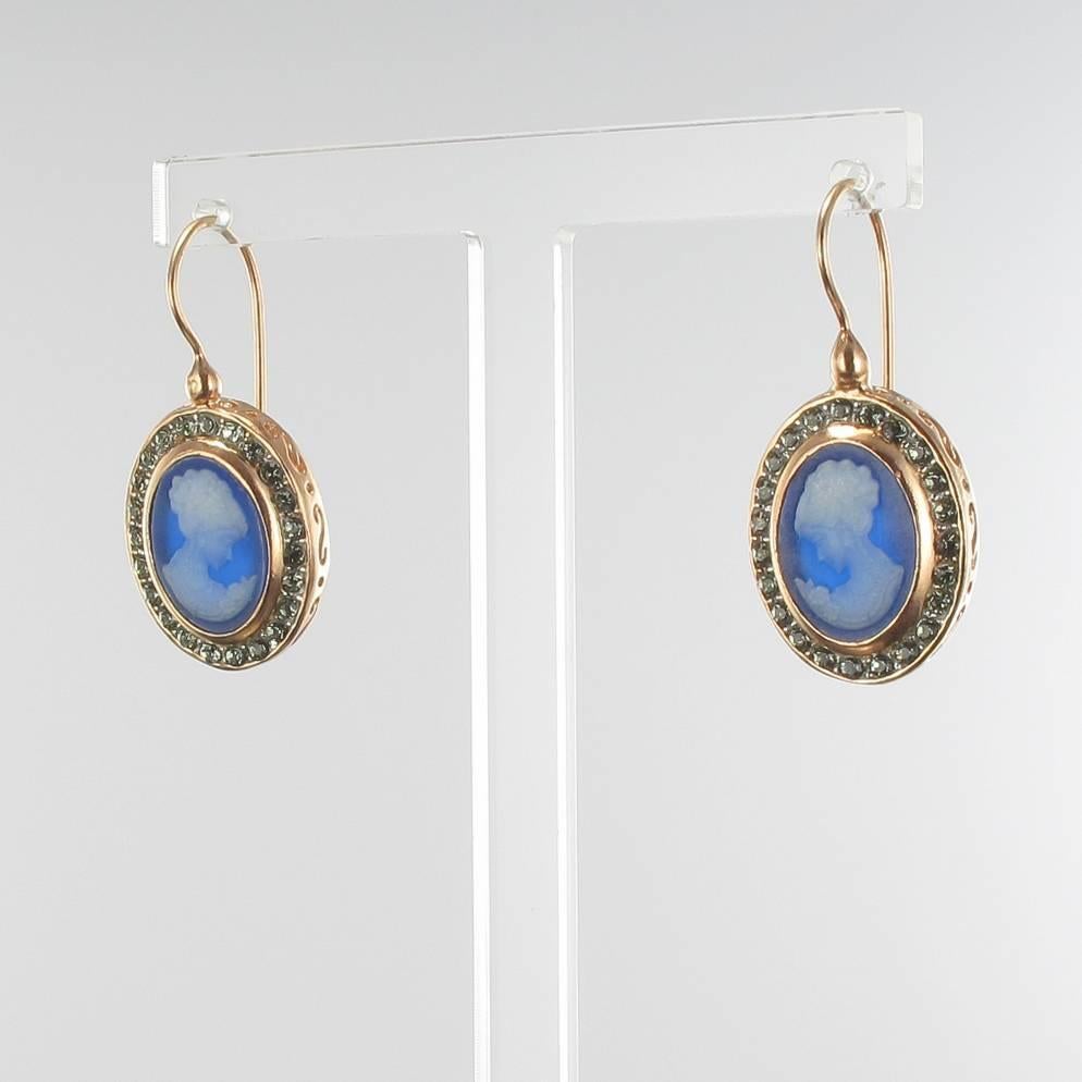 Baroque Italian Crystal Cameo Vermeil Drop Earrings