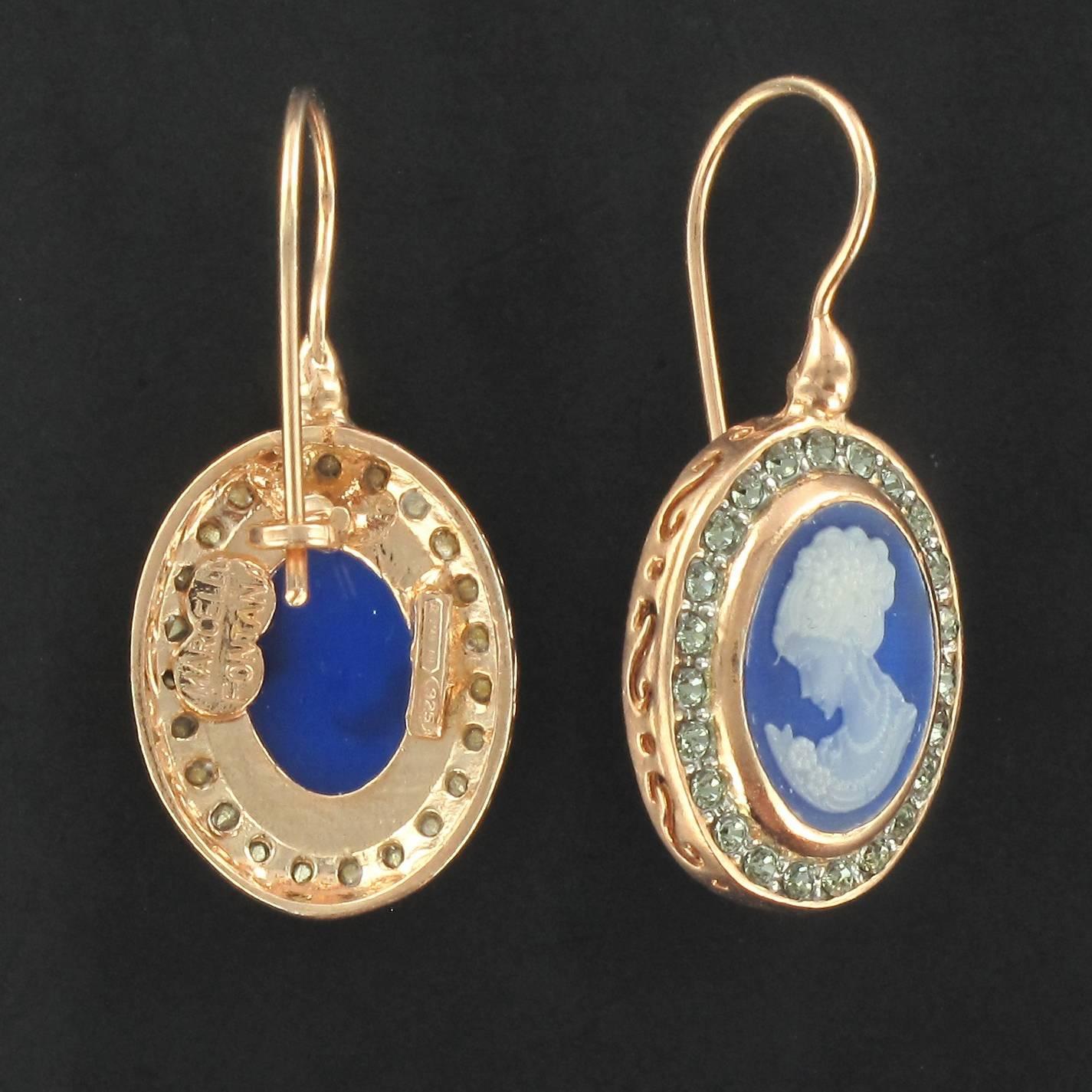 Italian Crystal Cameo Vermeil Drop Earrings In New Condition In Poitiers, FR