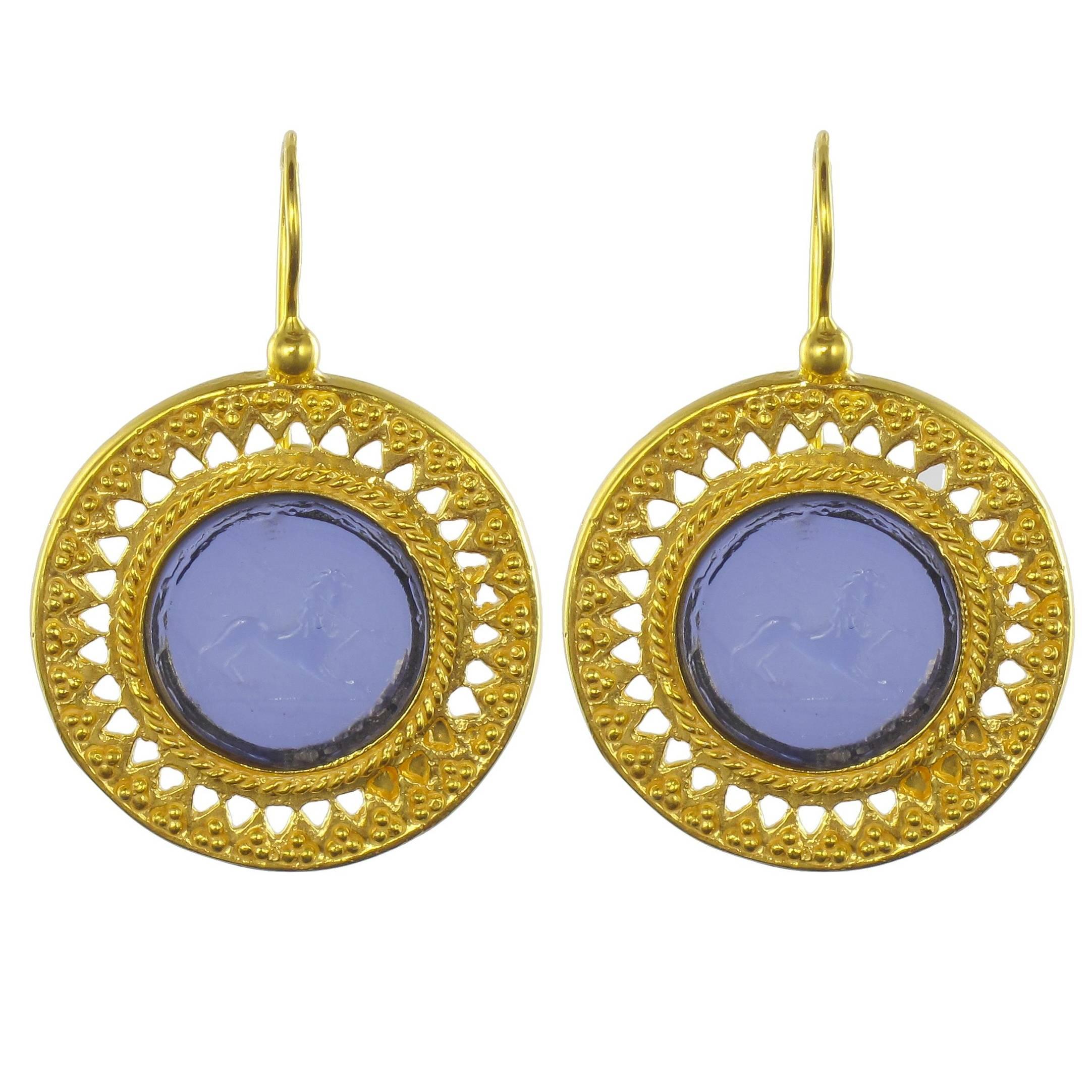 Italian Blue Intaglio Vermeil Drop Earrings