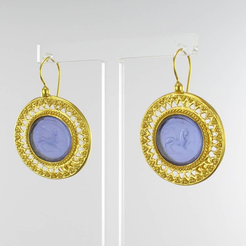 Classical Greek Italian Blue Intaglio Vermeil Drop Earrings