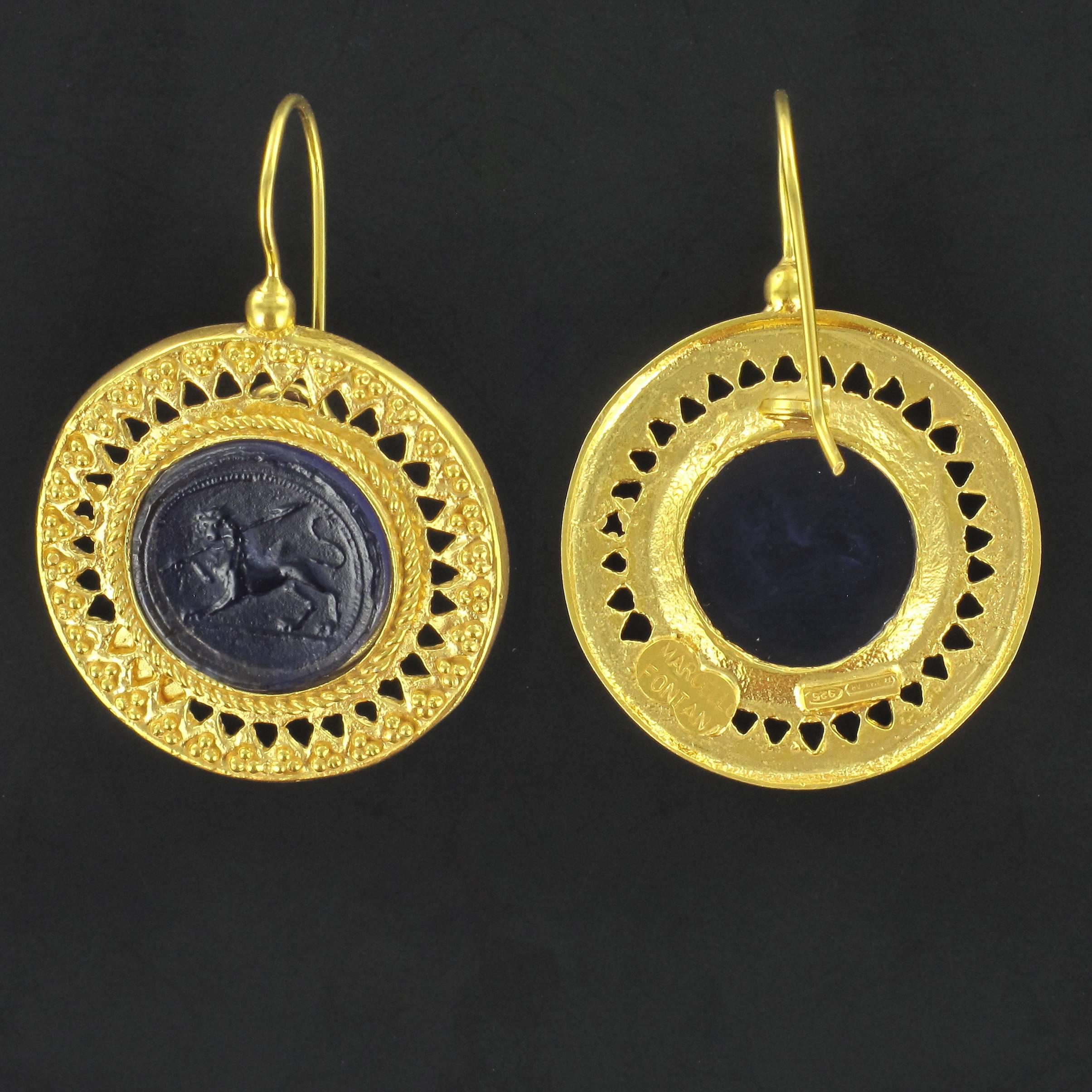 Italian Blue Intaglio Vermeil Drop Earrings In New Condition In Poitiers, FR