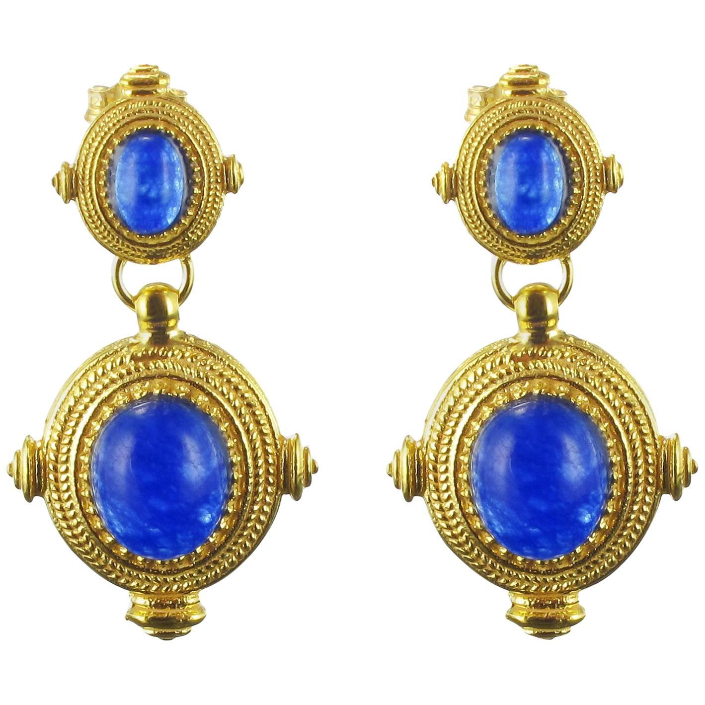 Etruscan Revival Vermeil Blue Crystal Dangle Earrings