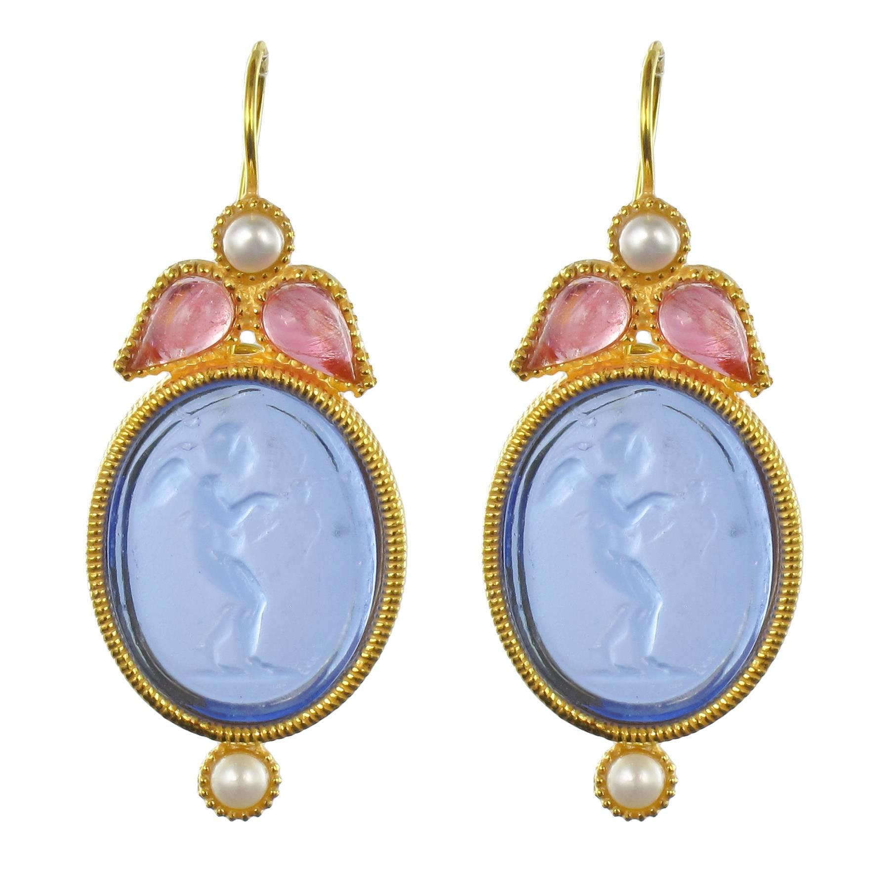 Italian Crystal Pearl Blue Intaglio Vermeil Drop Earrings