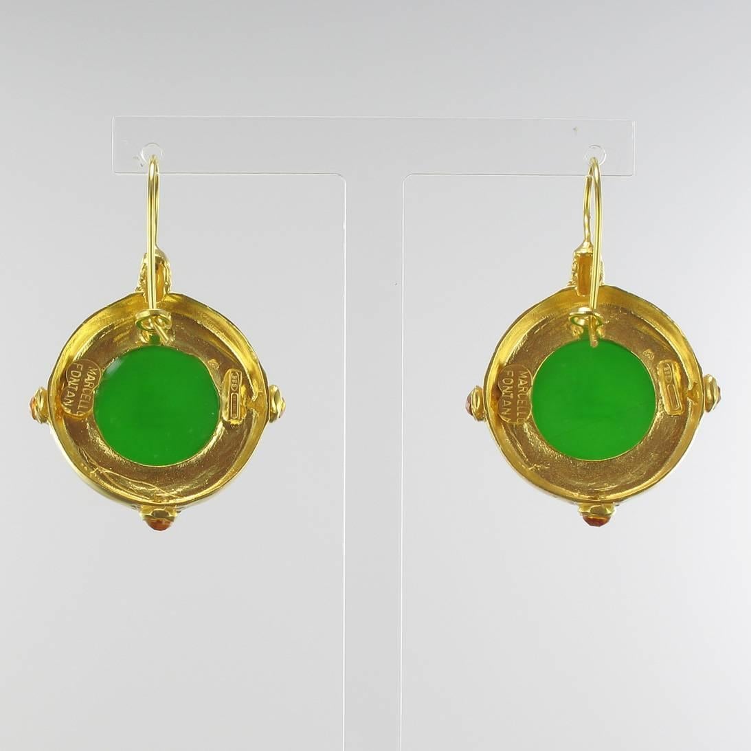 Etruscan Revival Italian Green Cameo Vermeil Drop Earrings