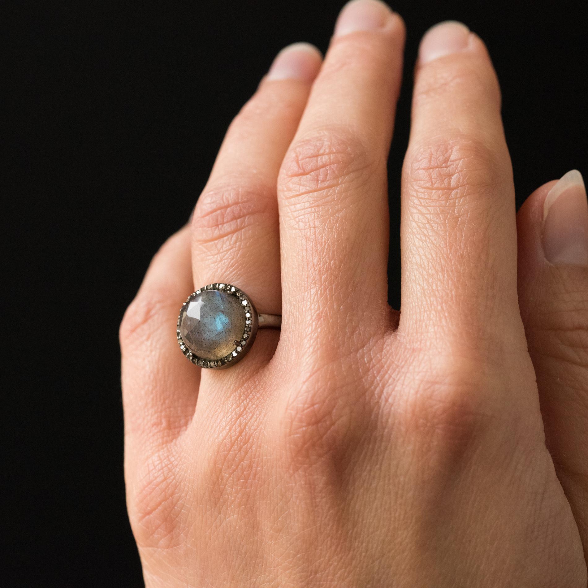 New Labradorite Diamonds Silver Cluster Ring 5