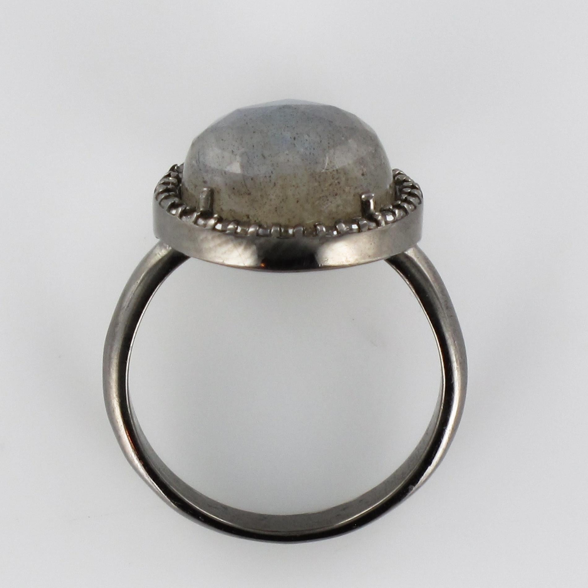 New Labradorite Diamonds Silver Cluster Ring 7