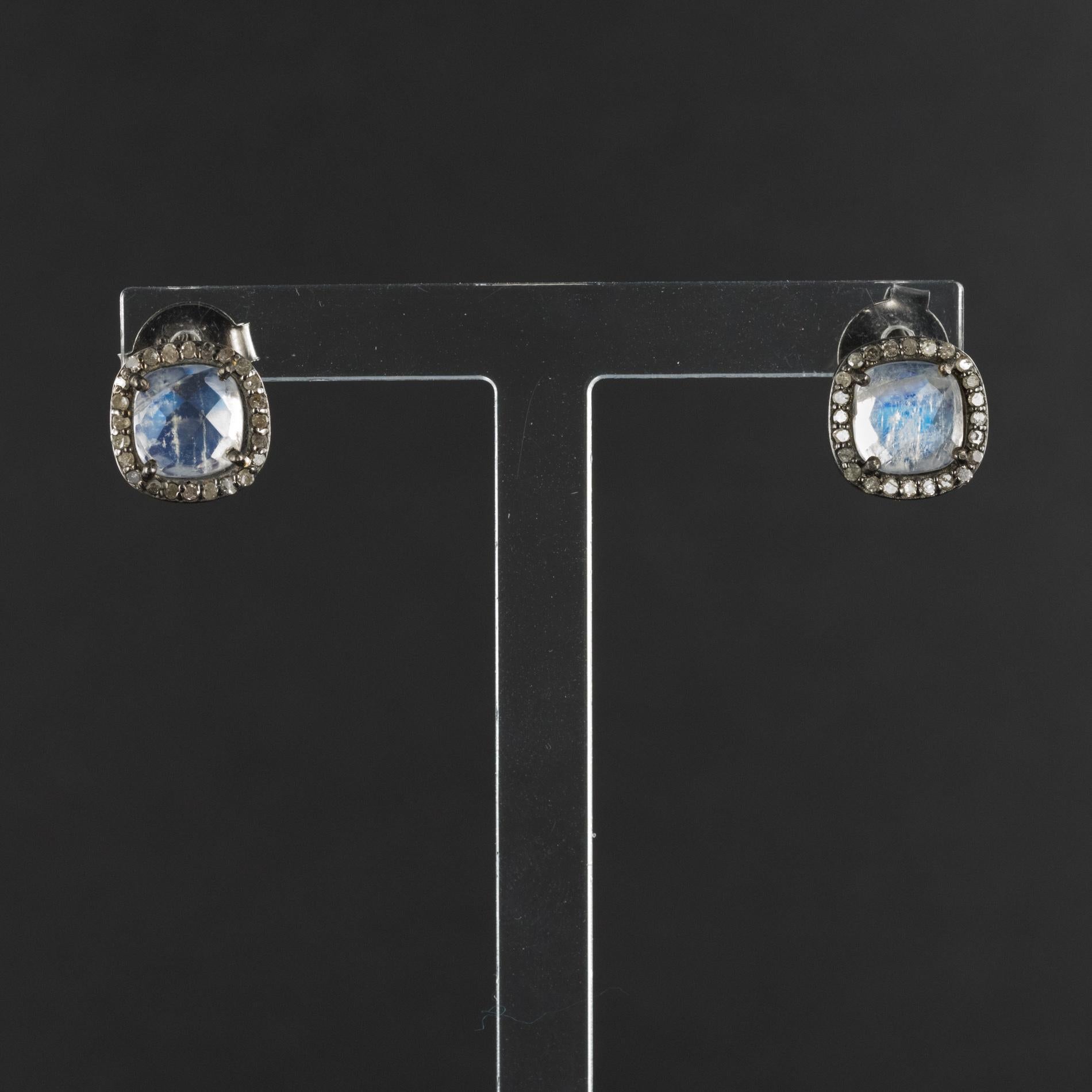 Women's New Moonstones Diamonds Silver Stud Earrings