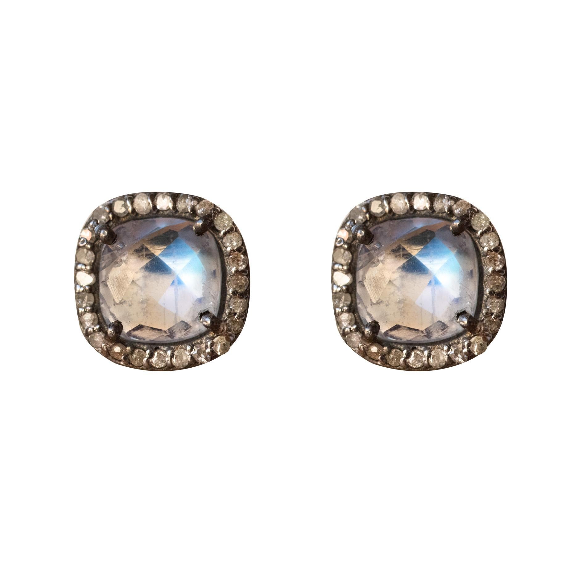 New Moonstones Diamonds Silver Stud Earrings