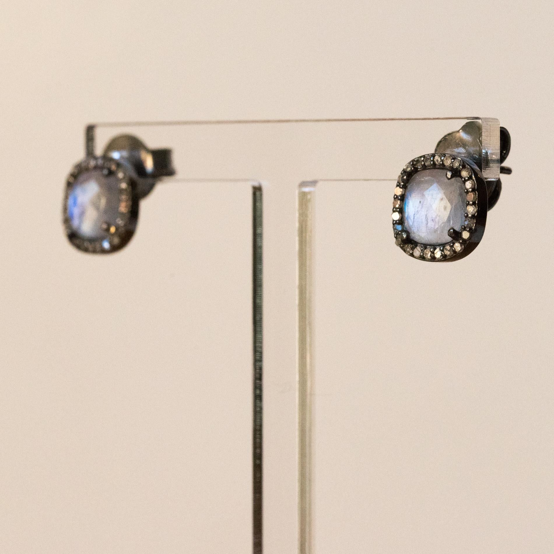 Modern New Moonstones Diamonds Silver Stud Earrings