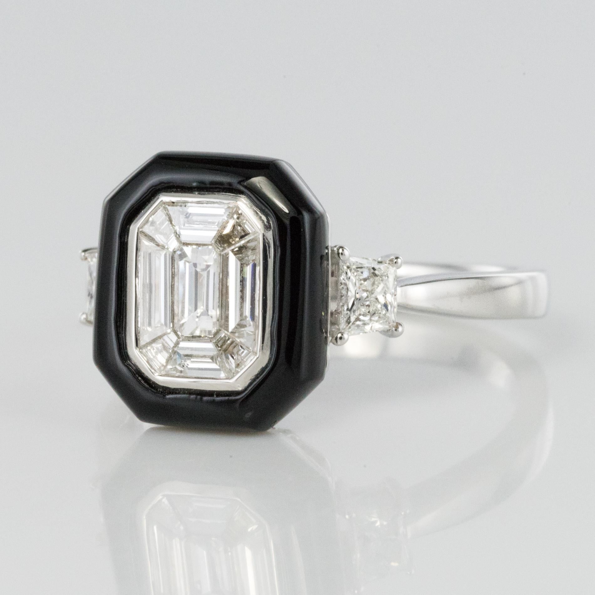 Neu Art Deco Stil Baguette Diamant Schwarzer Achat Ring (Art déco)